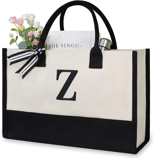 TOPDesign Embroidery Initial Canvas Tote Bag, Personalized Present Bag, Suitable for Wedding, Birthday, Beach, Holiday, is a Great Gift for Women, Mom, Teachers, Friends, Bridesmaids (Letter Z)