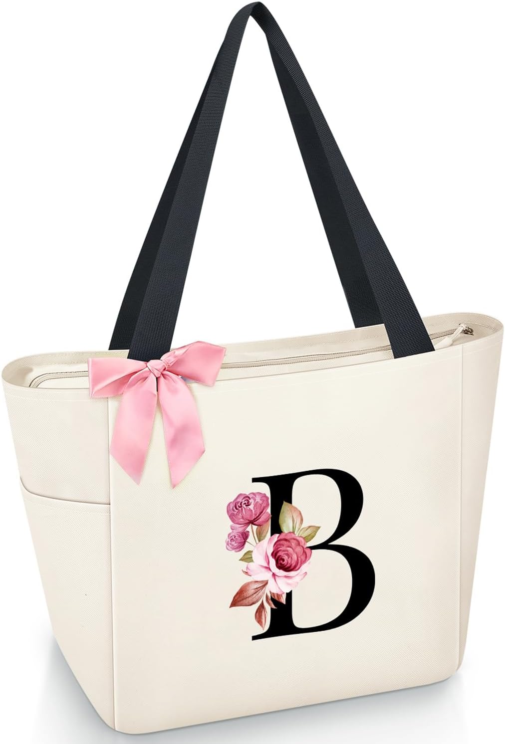 Vavabox Tote Bag, A-Z Initial Monogrammed Waterproof Tote Bag, Bridesmaid Gifts for Women, Black and Pink