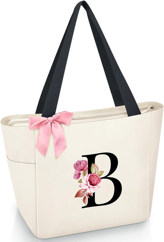 Vavabox Tote Bag, A-Z Initial Monogrammed Waterproof Tote Bag, Bridesmaid Gifts for Women, Black and Pink