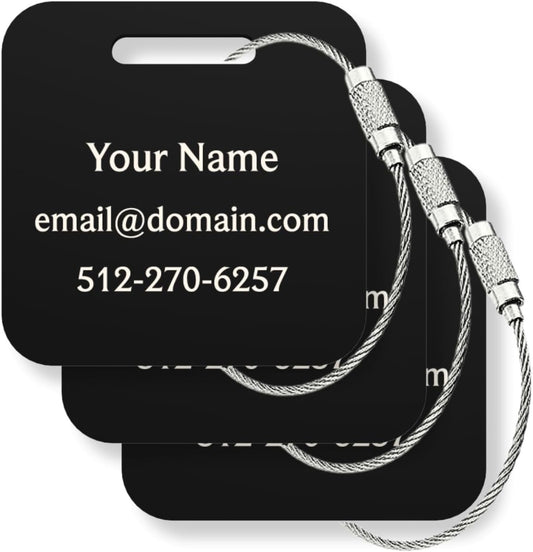 Custom Metal Luggage Tags (3 or 6 Pack) - Personalized Unique Suitcase & Backpack Travel, Durable, Waterproof & Heavy Duty (Black)