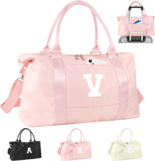 Initial Travel Duffel Bag Sports Gym Bag for Girls Teen Birthday Gifts,Pink Personalized Weekender Bag Carry On Tote Bags for Women Men,Waterproof Overnight Luggage Bag with Trolley Sleeve(Letter V)