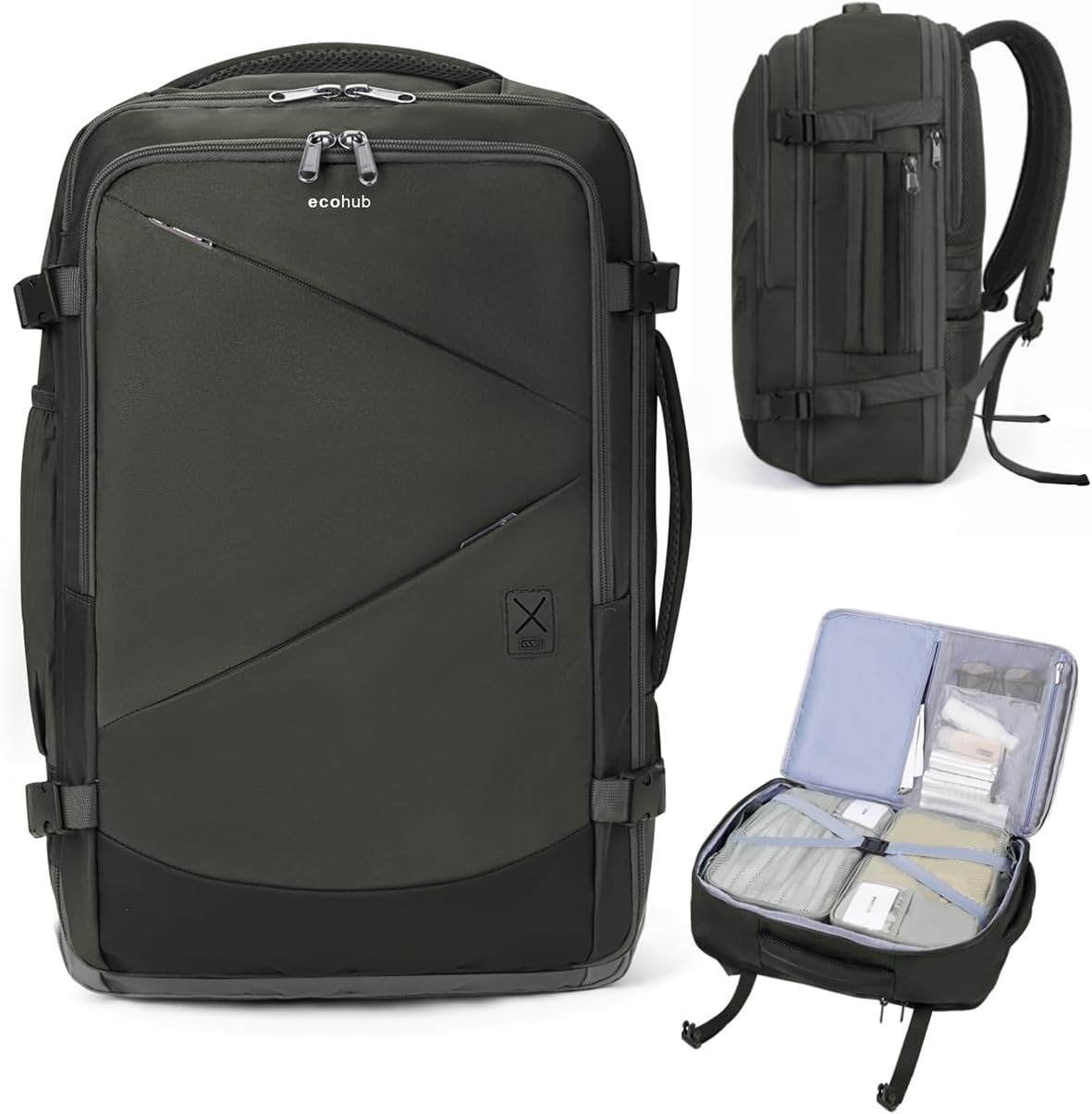 ECOHUB 30L Carry on Travel Backpack for Men Women 18x14x8, 17 inch Expandable Airlines Personal Item Bag Water Resistant Laptop Backpack Flight Approved with USB Slot & Wet Pocket, Green