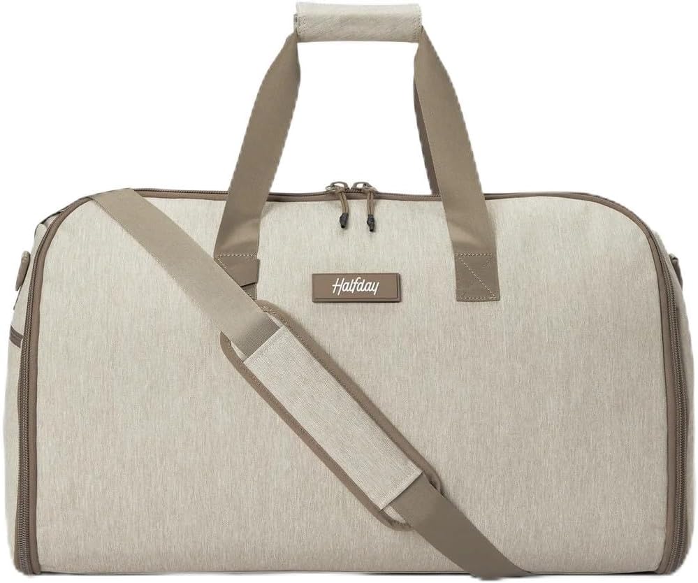 Halfday Convertible 2-in-1 Garment Duffel Weekender Bag 45L | Wrinkle-Free Travel, Hanging Suit Compartment, Shoe Pockets, Trolley Sleeve. Durable & Water-Resistant Carry-On, Stone