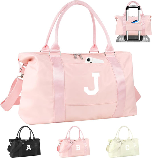 Initial Travel Duffel Bag Sports Gym Bag for Girls Teen Birthday Gifts,Pink Personalized Weekender Bag Carry On Tote Bags for Women Men,Waterproof Overnight Luggage Bag with Trolley Sleeve(Letter J)