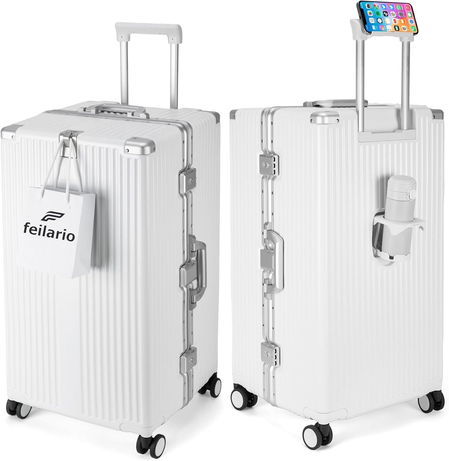 feilario 29in Super Large Captain Aluminum Frame Hardside Spinner Wheels Luggage, Removable Wheels Zipperless Checked Suitcase with Cup Holder/Phone Holder