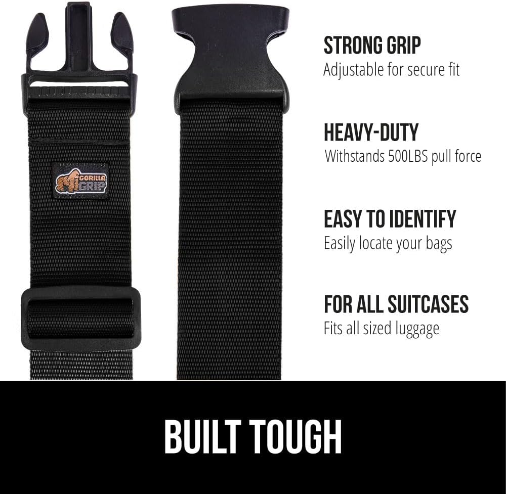 GORILLA GRIP Heavy Duty Adjustable Luggage Straps for Suitcases, Easy to Identify Travel Belt Connector Holds Suitcase Together, Extends Life of Bag, Strap Connects Two Bags, Accessories 2 Pack Black