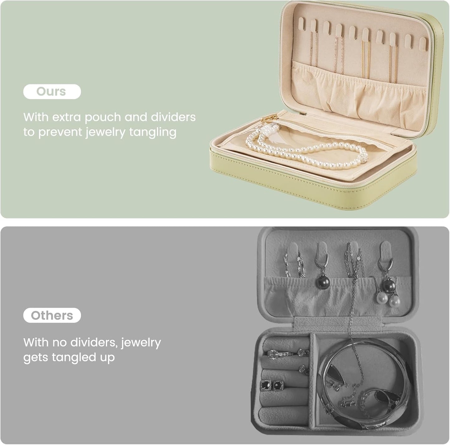 Lolalet Travel Jewelry Case for Women, Travel Jewelry Organizer Box with Mirror & Clear Storage Bag, Small Portable Traveling Earring Necklace Bracelet Ring Case, Bridesmaid Gifts -Medium, Green