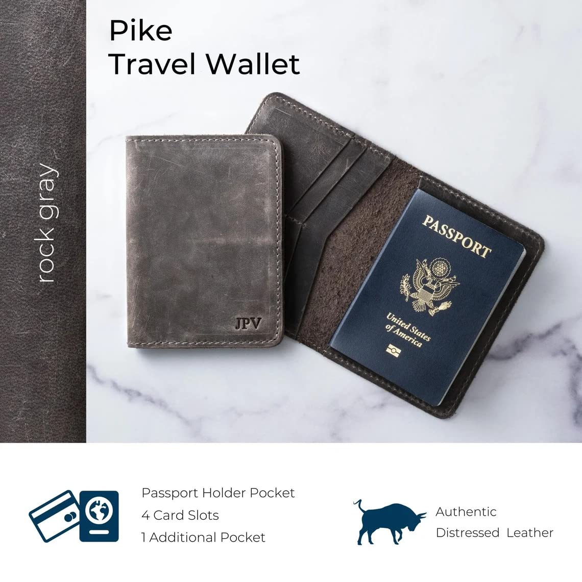 PEGAI Standard Full Grain Crazy Horse Leather Passport Holder | Custom Travel Passport Cover & Organizer | Handcrafted Leather Passport Wallet for Men and Women | Pike (Rock)