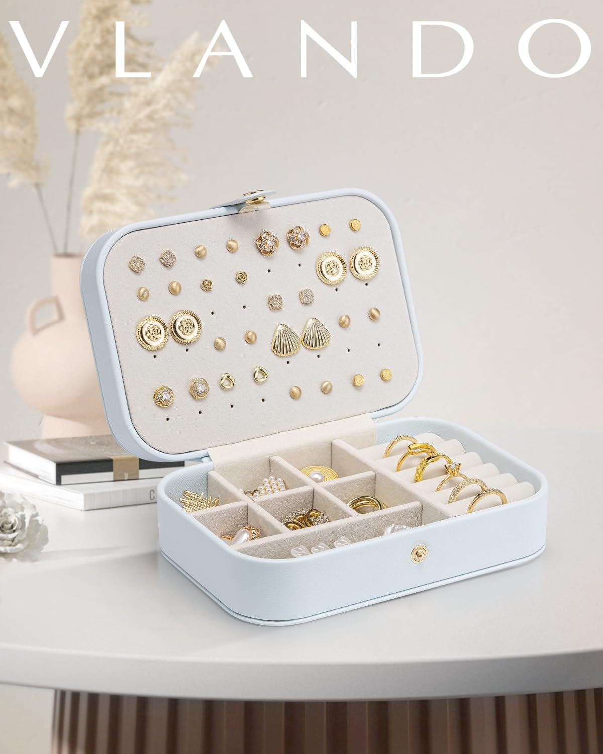 Vlando Travel Jewelry Case, PU Leather Travel Jewelry Box with Earring Holder, Portable Display Mini Jewelry Case for Mothers Day Women Girls Gift - Blue