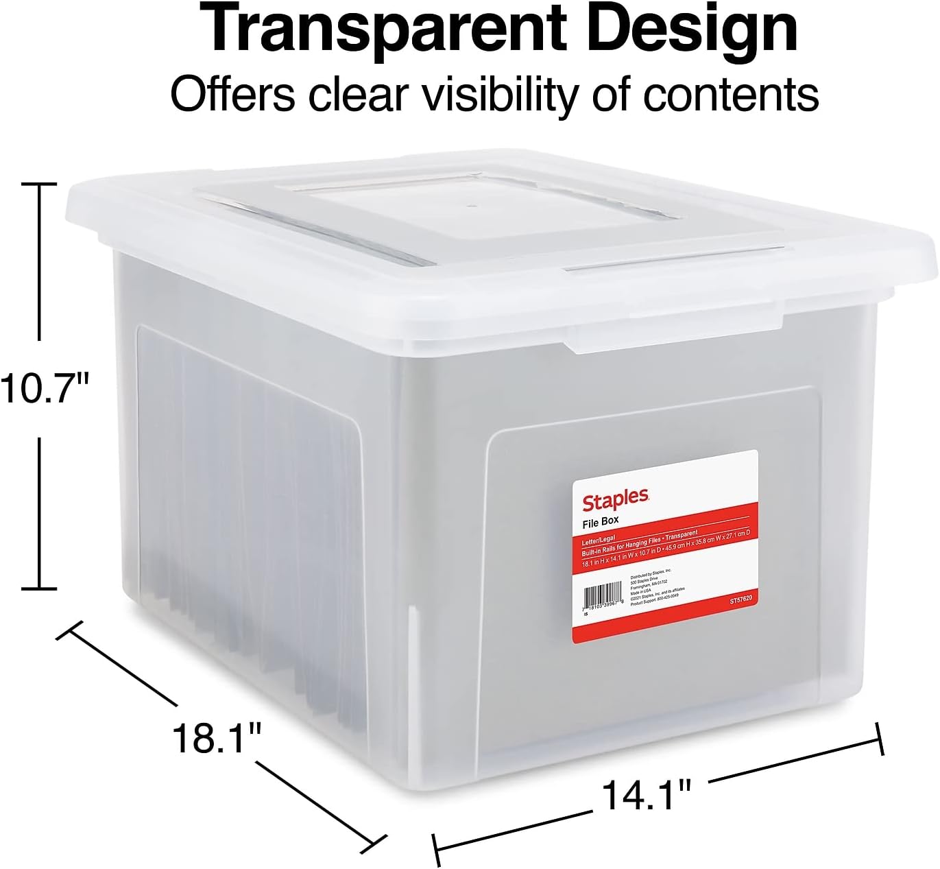 STAPLES Hanging File Folder Box, Storage Bin Organizer, Snap Lid, Letter & Legal Size Documents, Clear