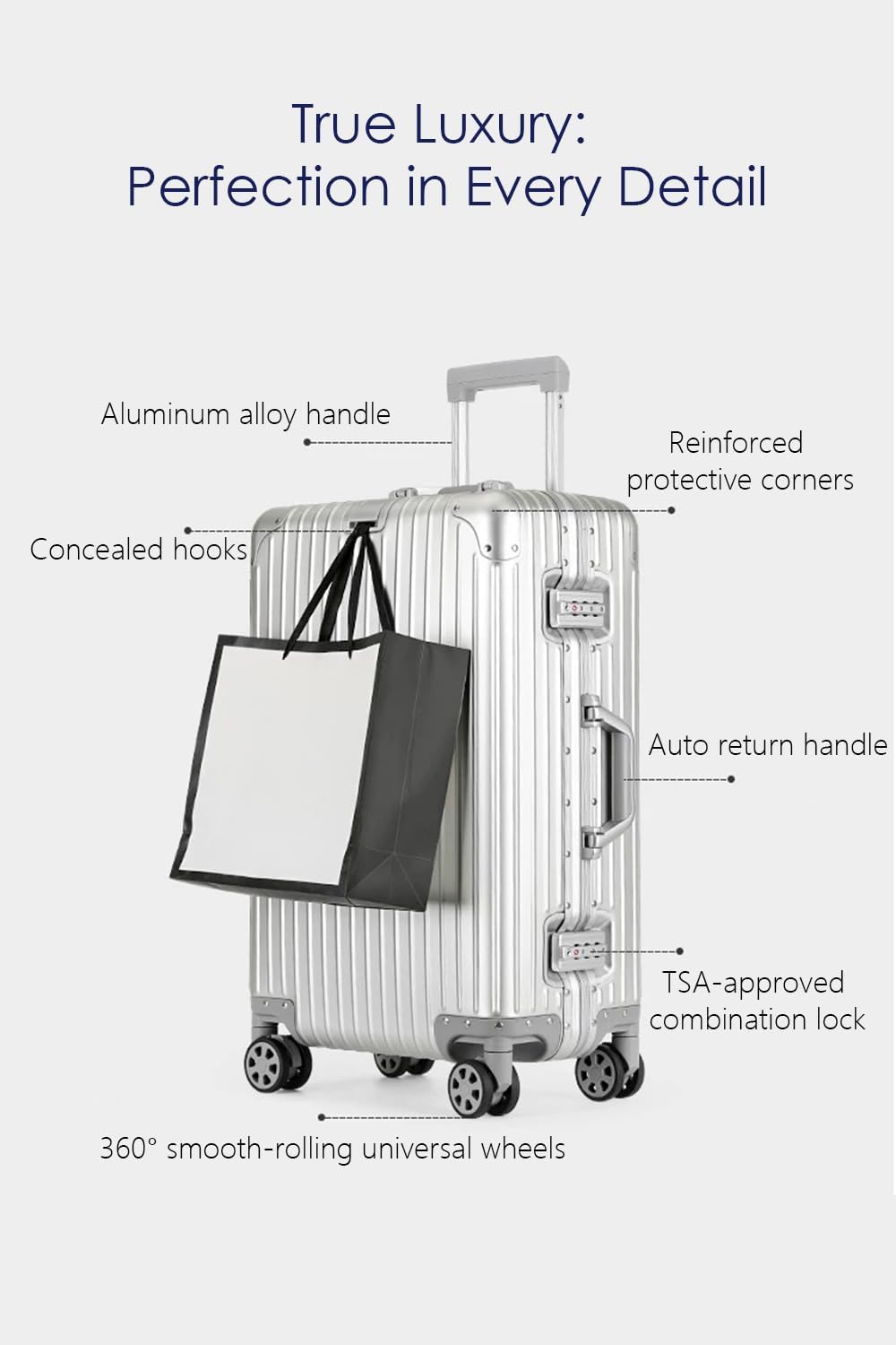28 Inch All Aluminum Checked in Luggage with Wheels, Hard Shell Zipperless Suitcase with TSA Locks, Large Travel Luggage, Silver