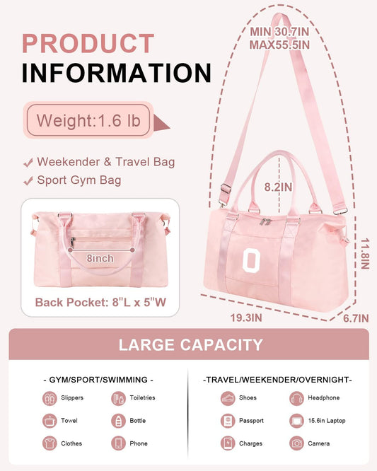 Initial Travel Duffel Bag Sports Gym Bag for Girls Teen Birthday Gifts,Pink Personalized Weekender Bag Carry On Tote Bags for Women Men,Waterproof Overnight Luggage Bag with Trolley Sleeve(Letter O)