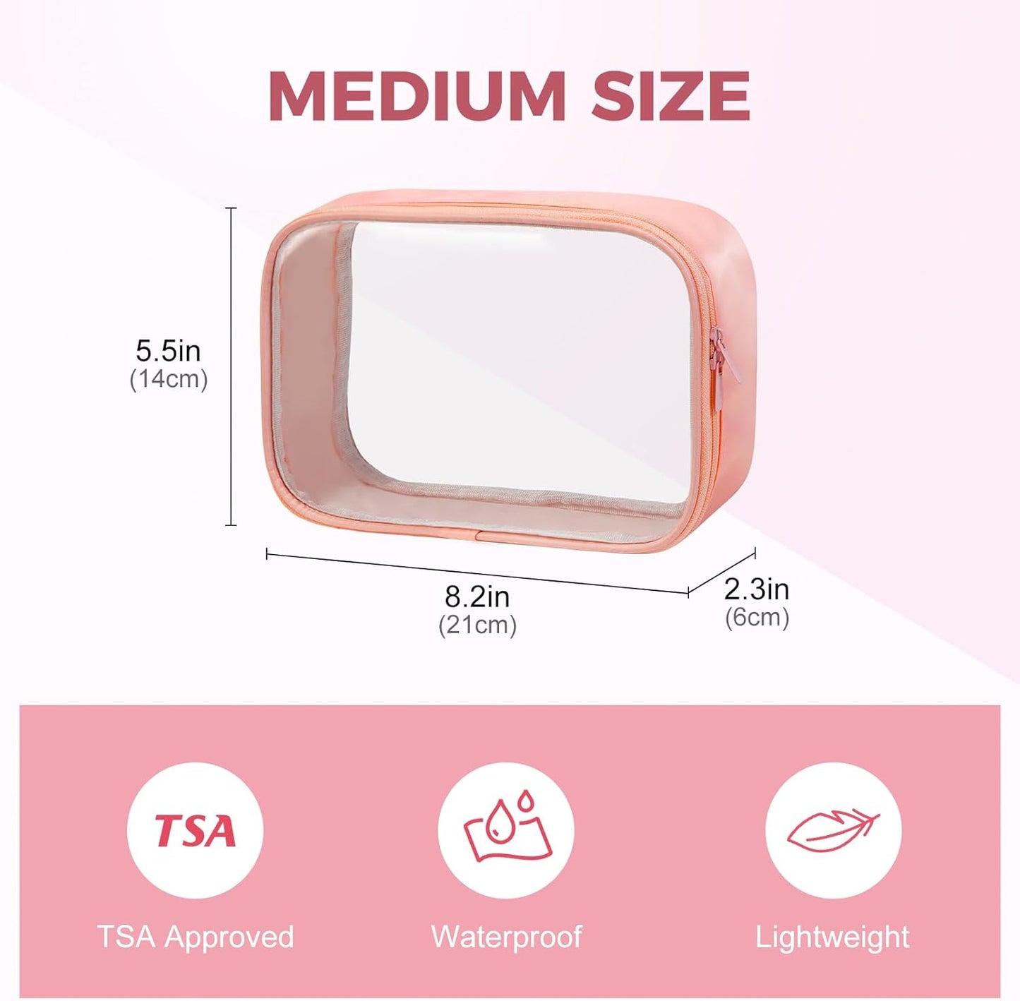 Moyad TSA Approved Clear Toiletry Bag, 1 Pack Quart Size 3-1-1 Liquids Pouch for Travel, Transparent Makeup & Cosmetic Organizer for Women Men, Peach Pink