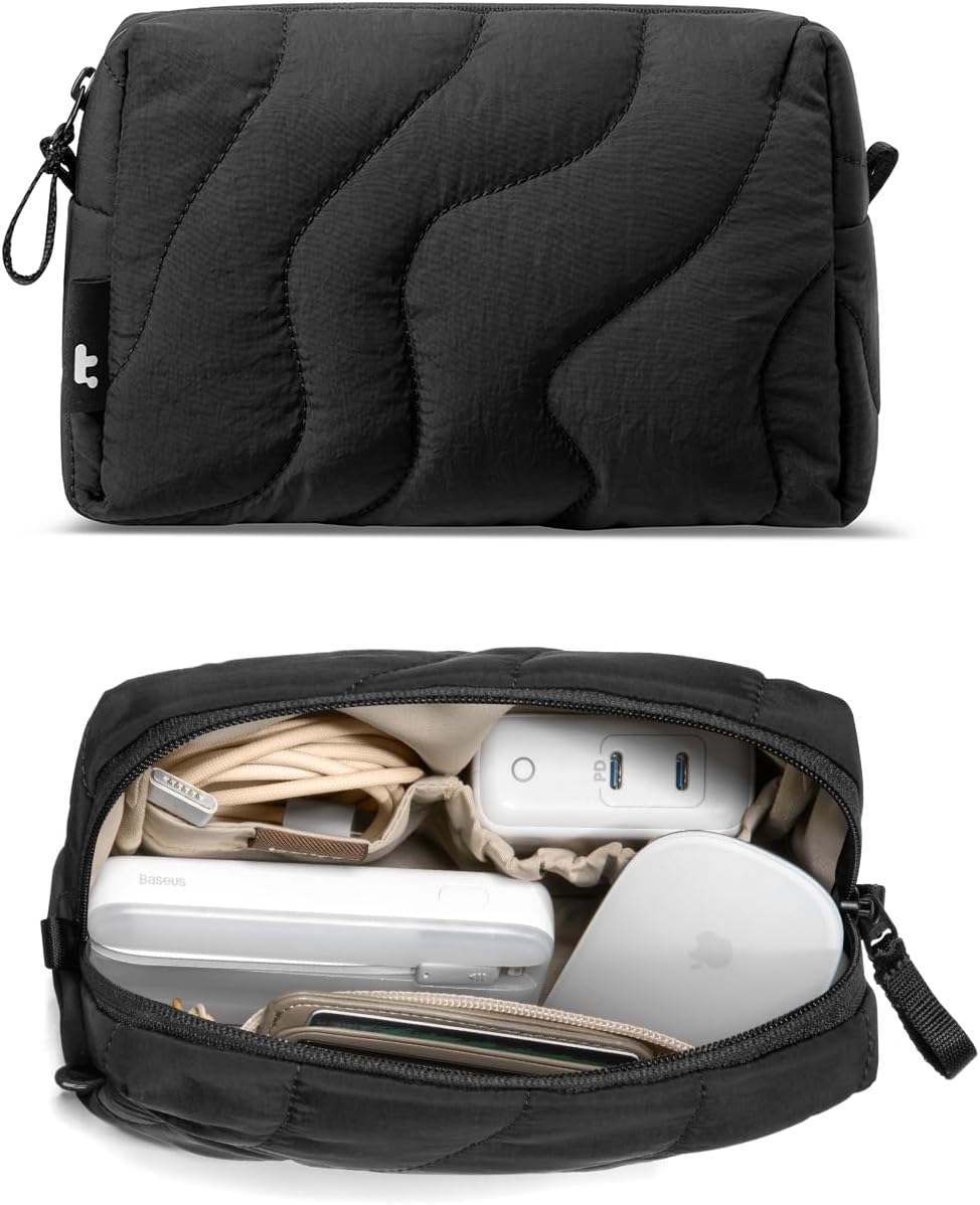 tomtoc Electronics Organizer Travel Case, Soft Puffy Organizer Bag Birthday Christmas Gifts Travel Essentials for Women Girls, Portable Accessory Tech Pouch Storage for Charger, Cord, Cable, Phone