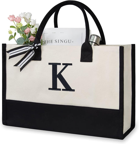 TOPDesign Embroidery Initial Canvas Tote Bag, Personalized Present Suitable for Wedding, Birthday, Beach, Holiday, is a Great Gift Women, Mom, Teachers, Friends, Bridesmaids (Letter K)