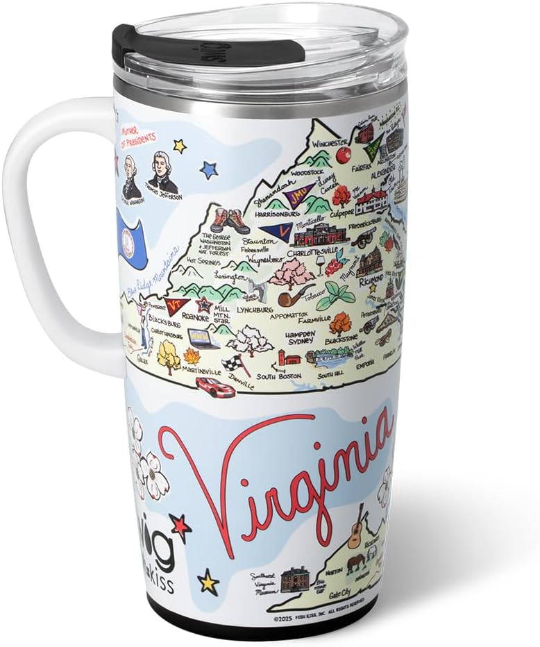 Swig Life 22oz Travel Mug, Insulated Tumbler with Handle and Lid, Travel Coffee Mug, Cup Holder Friendly, Stainless Steel 22 oz Tumbler, Reusable Insulated with Lid (Virginia)