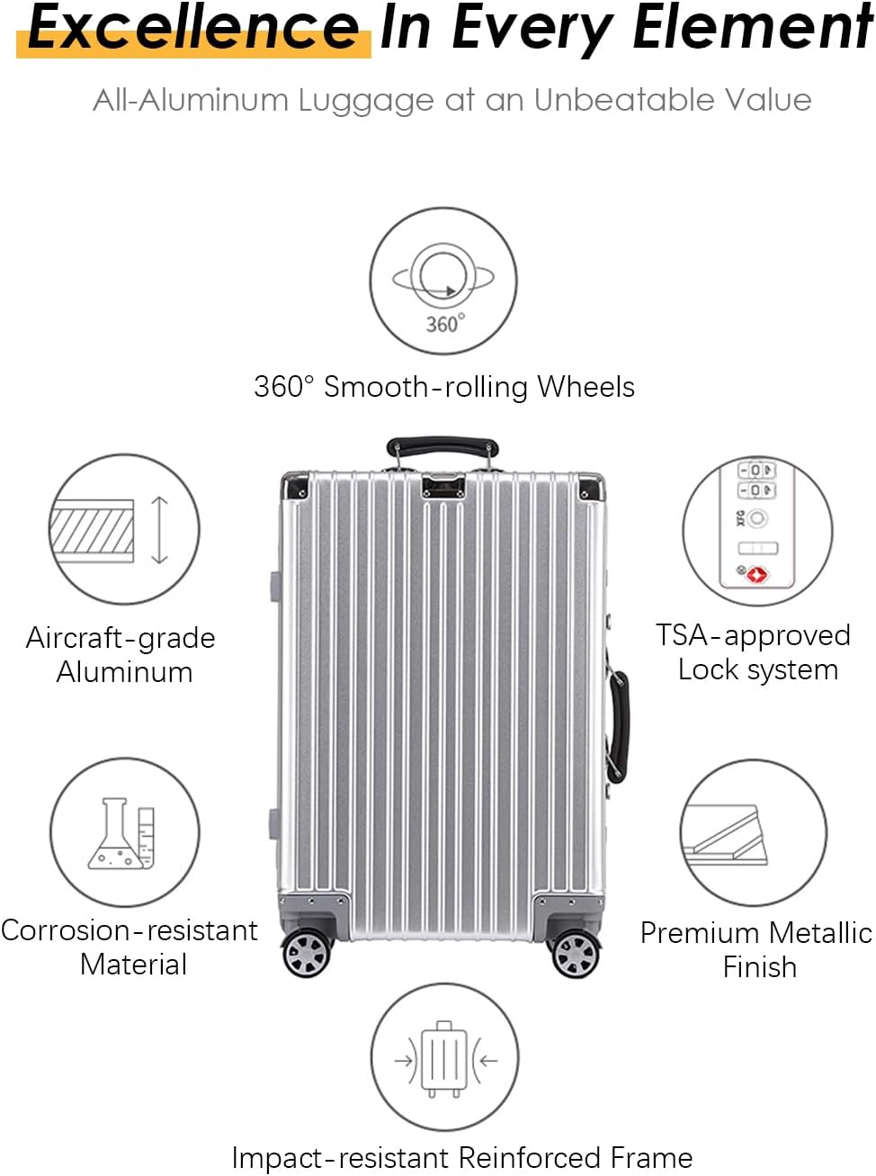 HotWay 28 Inch All Aluminum Checked in Luggage with Leather Handle, Hard Shell Zipperless Suitcase with TSA Locks and Spinner Wheels, Large Luggage for Business Travel, Silver