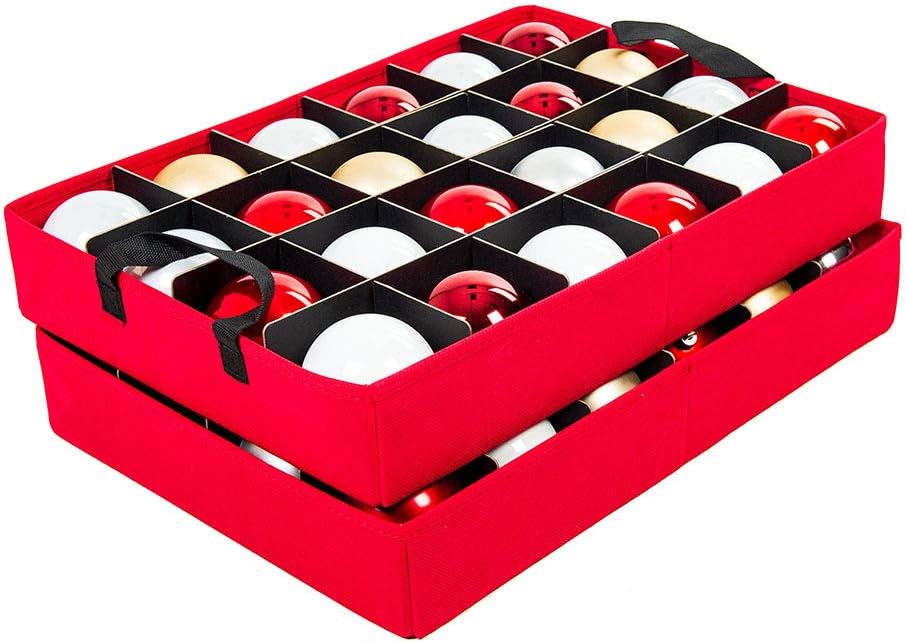 Santa's Bags [Christmas Ornament Storage Box with Dividers] - (Holds 48 Ornaments up to 3 Inches in Diameter) | Acid-Free Removable Trays with Separators | 2 Removable Trays