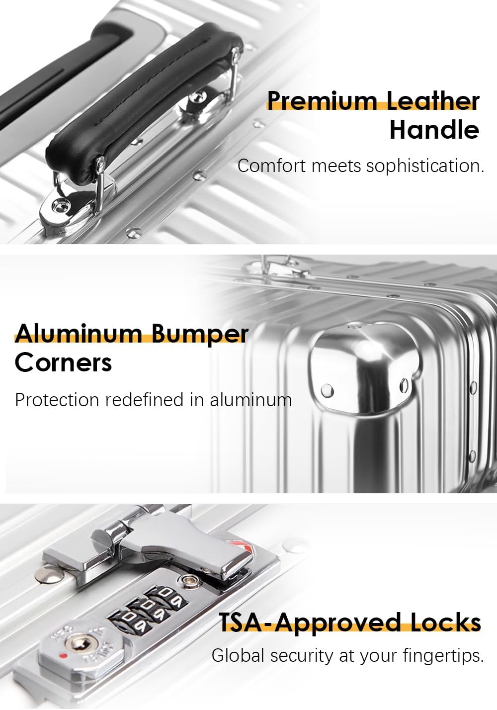 HotWay 20 Inch All Aluminum Carry On Luggage with Leather Handle, Hard Shell Zipperless Suitcase with TSA Locks and Spinner Wheels, Silver Travel Luggage (22x14x9 Airline Approved)