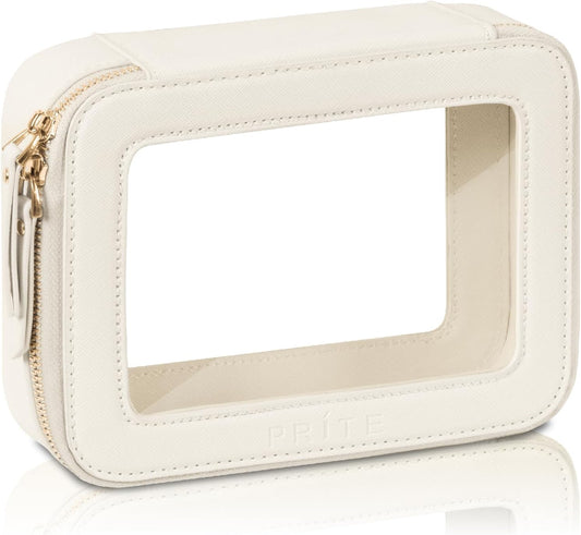 Prite Clear Makeup Bag Cosmetic Organizer Case Waterproof Travel Toiletry Bag Skincare Pouch with Golden Zipper(Beige)