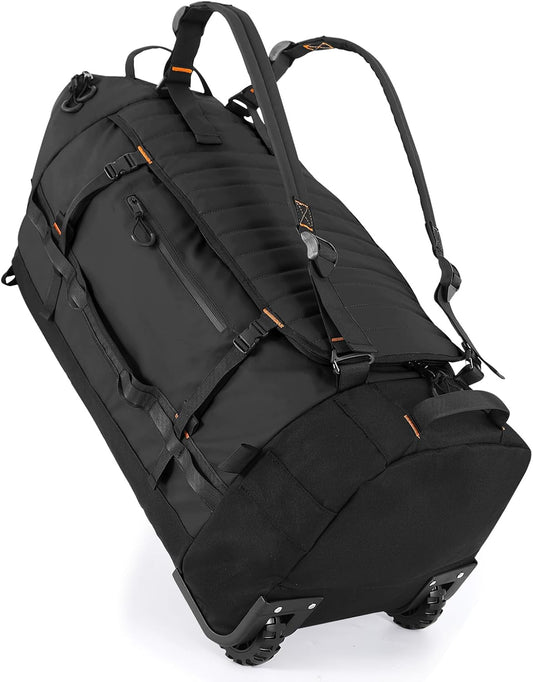 Rolling Duffle Bag with Wheels,86L 30”Folding Duffle Backpack with 2 Wheels,Travel Bag with Separate Shoe Compartment,Black