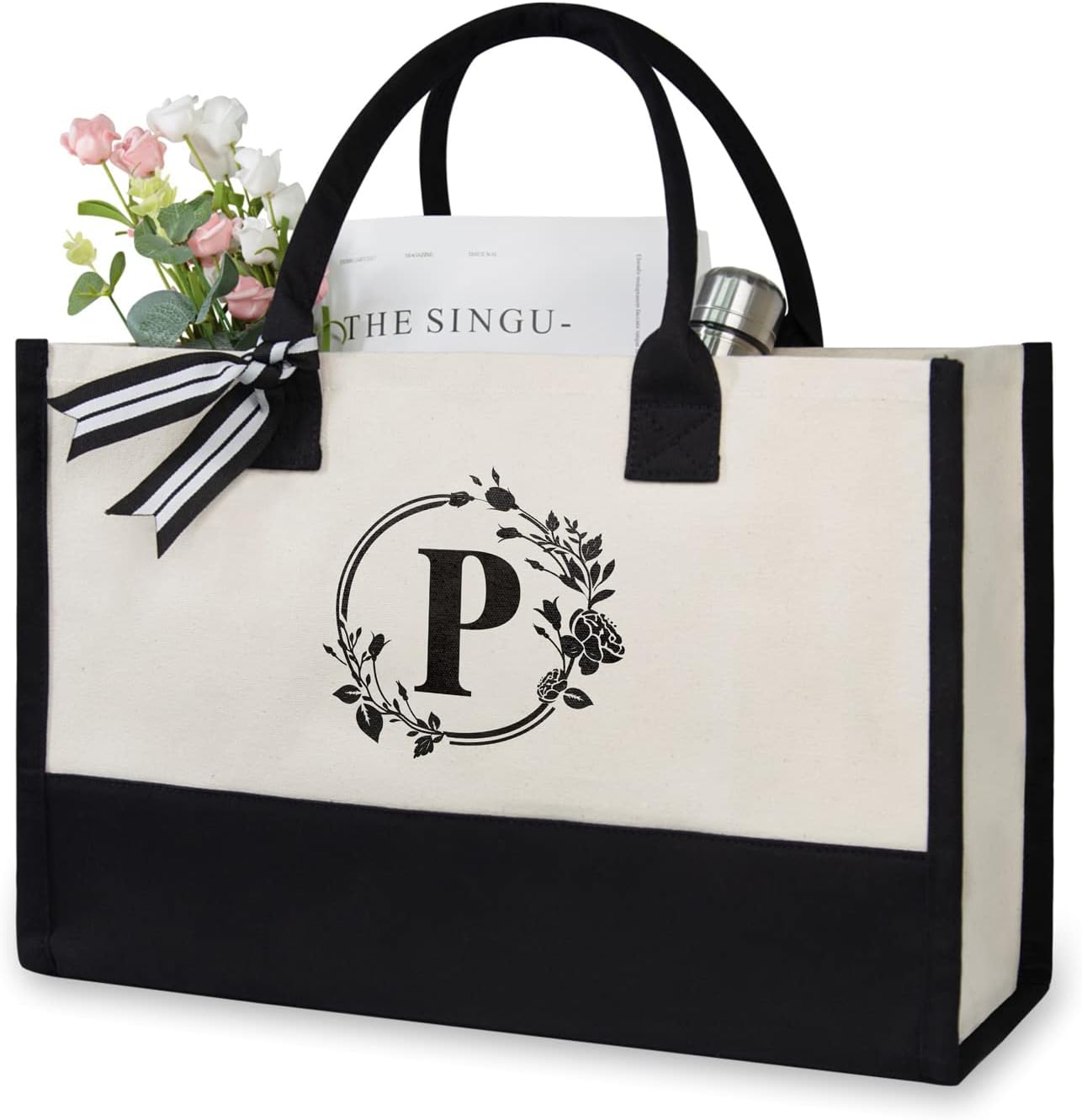 TOPDesign Personalized Initial Jute/Canvas Beach Bag, Monogrammed Gift Tote Bag for Women