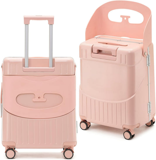 22'' Hardside Ride-On Suitcase with Seat for Kids & Adults – Travel Luggage with 360° Spinner Wheels, Lockable TSA Lock & Seat Belts, Foldable Stool for Airport Waiting
