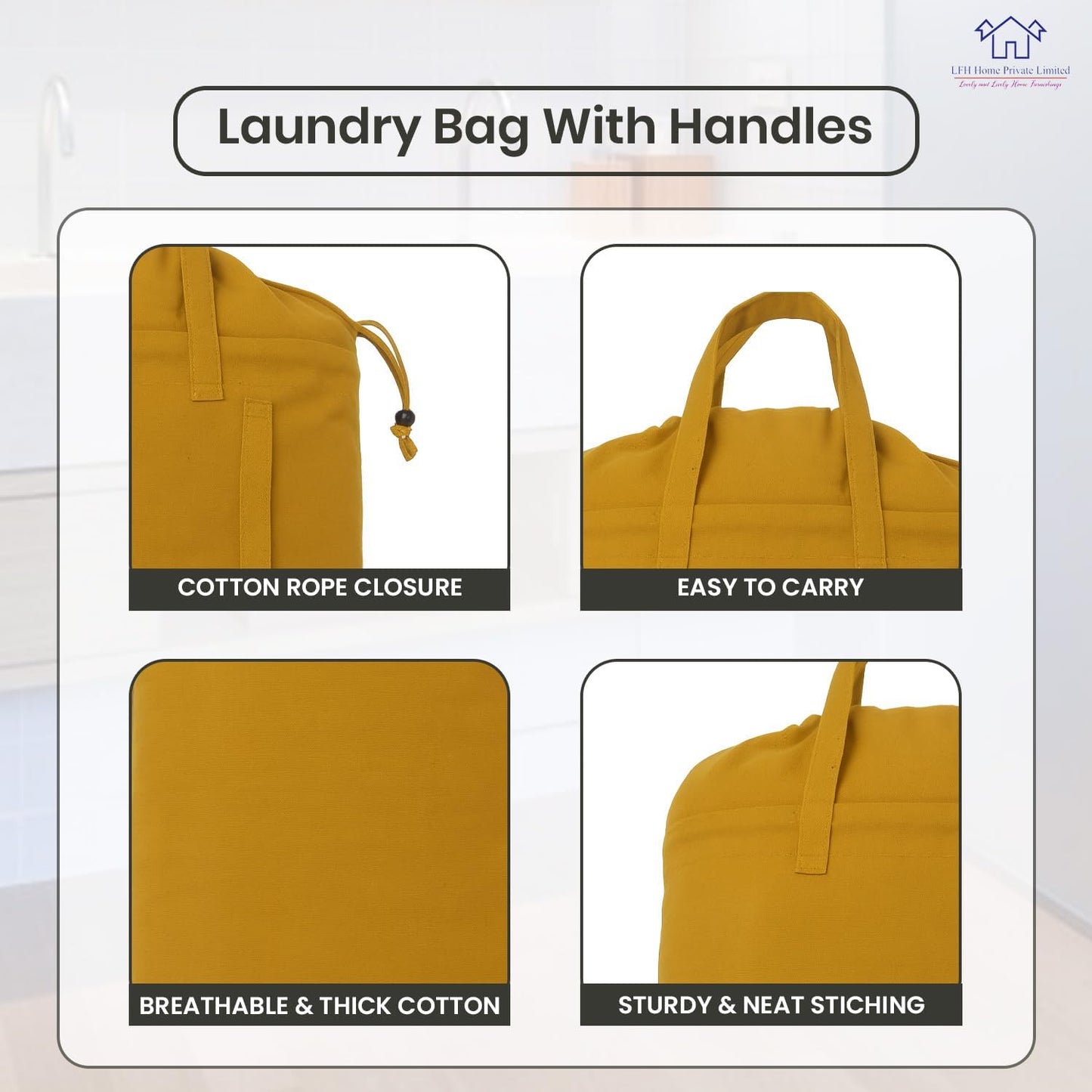 LFH Home Cotton Canvas Large Laundry Bag with Handle, Heavy Duty Drawstring Closure Washable Laundry Bags, School Travel, Home, Hotel, College Dorm, Organizer Sack, Toys Clothes 28x36-Yellow