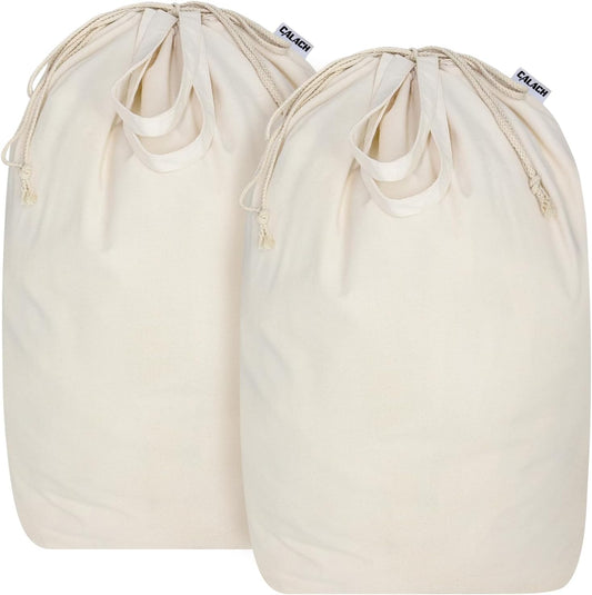 Canvas Laundry Bags with Handles & Square Base13.8"x 13.8", Large Heavy Duty Laundry Basket Hamper Liner, College Dorm Washable Drawstring Cotton Dirty Clothes Bag (Natural,2 Pack)