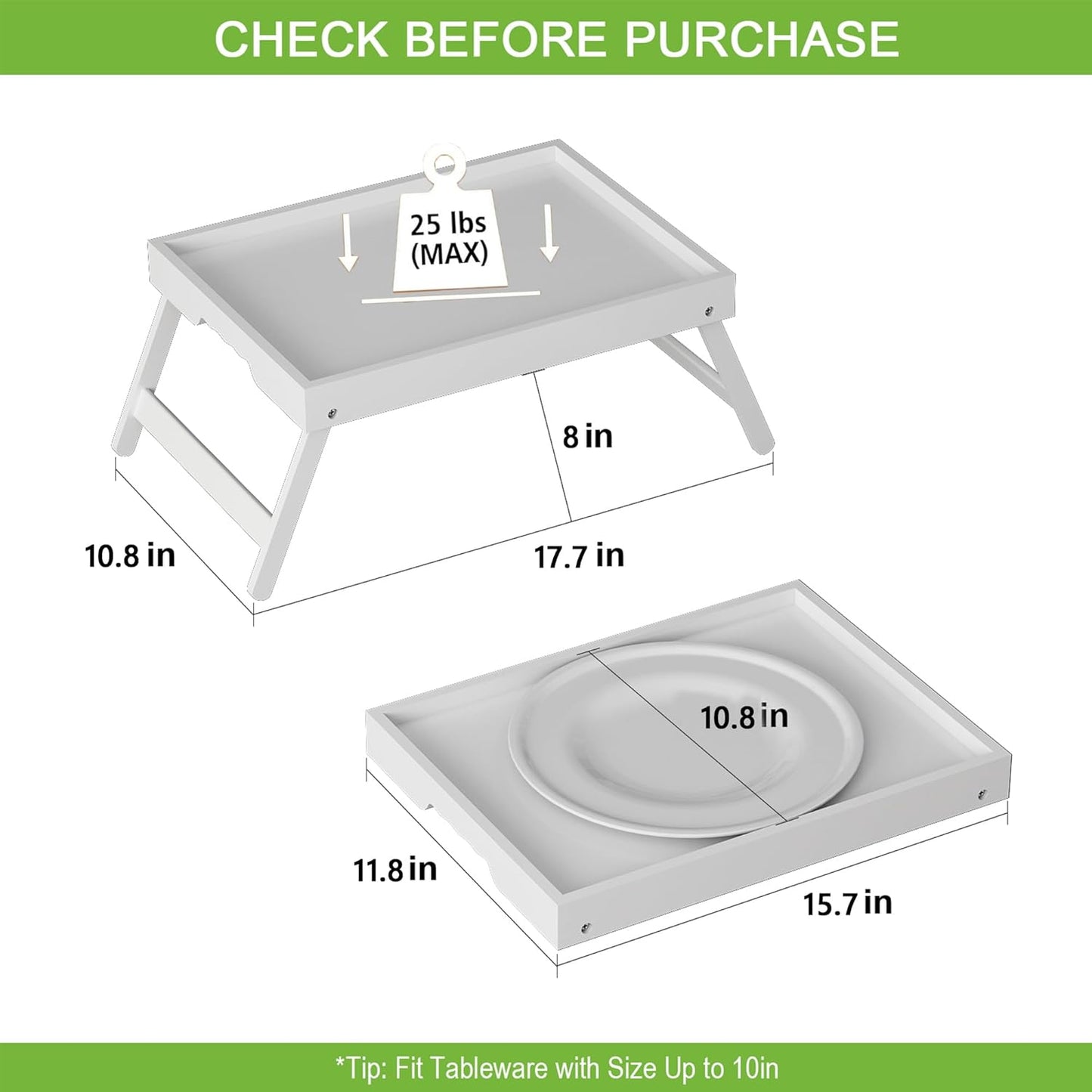 Bed Tray Table with Folding Legs,Bamboo Breakfast in Bed for Kitchen Serving Tray,Sofa,Eating,Used As Laptop Desk Snack Tray 2 Pack (White)
