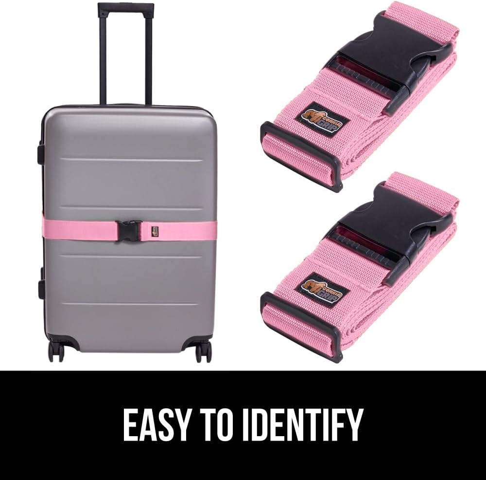 GORILLA GRIP Heavy Duty 4 Pack Adjustable Luggage Straps for Suitcases, Easy to Identify Travel Belt Connector Holds Suitcase Together, Extends Life of Bag, Strap Connects Two Bags, Accessories Pink