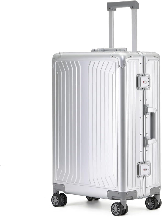 Metal all aluminum carry-on suitcase 20 "hard face, TSA lock and rotating wheel zippered luggage set (silvery, 20 '')