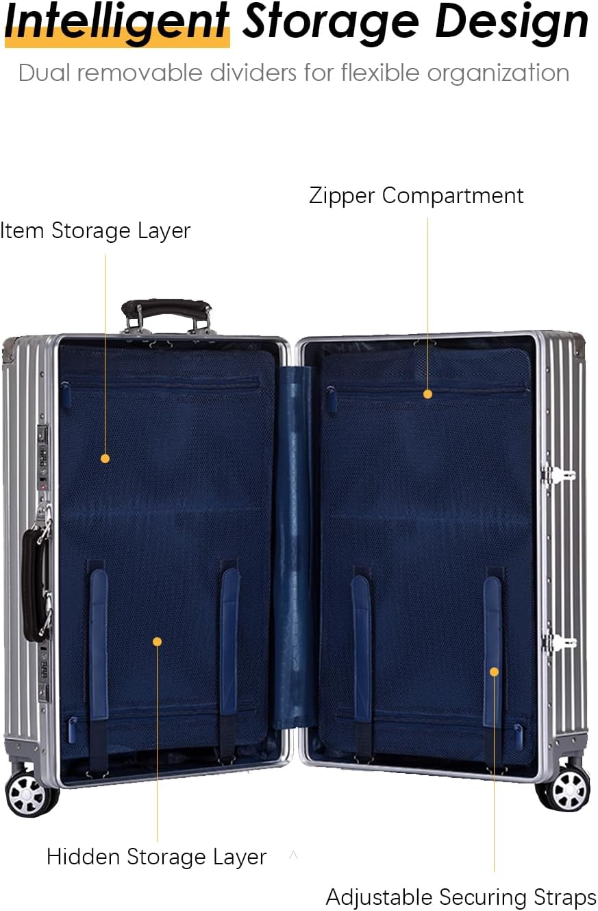 HotWay 20 Inch All Aluminum Carry On Luggage with Leather Handle, Hard Shell Zipperless Suitcase with TSA Locks and Spinner Wheels, Silver Travel Luggage (22x14x9 Airline Approved)
