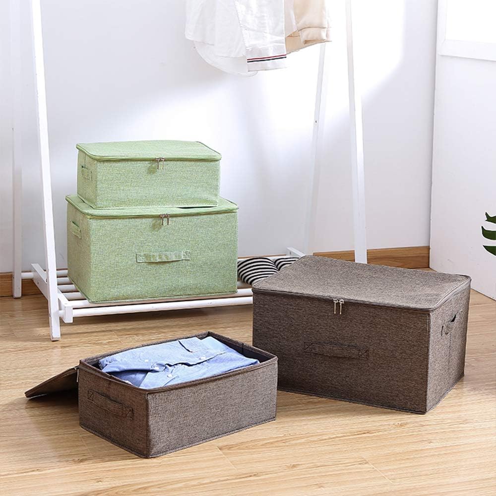 ANMINY 3PCS Storage Bins with Zipper Lids 13 Qt Lidded Fabric Storage Boxes Baskets Cubes with Handles Collapsible Washable Cotton Linen Closet Shelf Clothes Organizer Containers - Green, Small