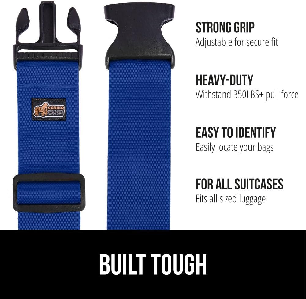 GORILLA GRIP Heavy Duty 8 Pack Adjustable Luggage Straps for Suitcases, Easy to Identify Travel Belt Connector Holds Suitcase Together, Extends Life of Bag, Strap Connects Two Bags, Accessories Blue