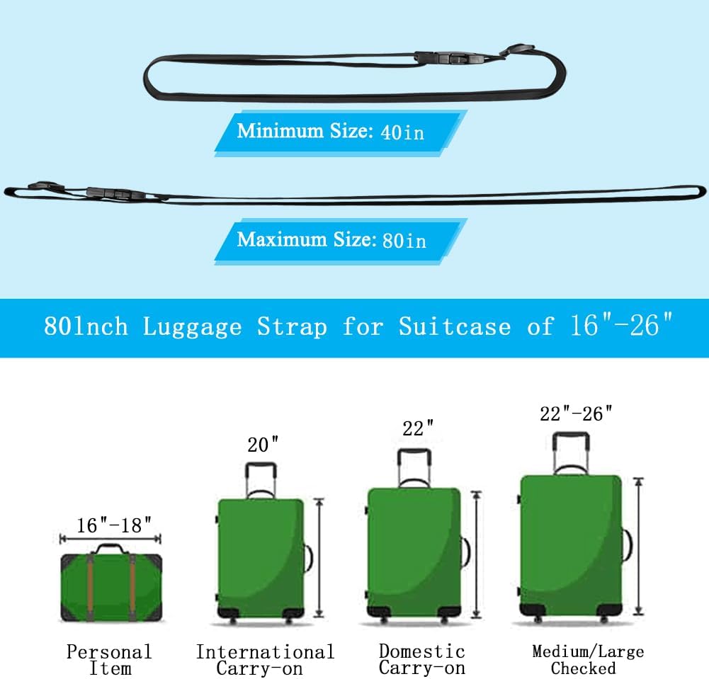 2Pcs Luggage Straps for Suitcase Travel Accessories TSA Approved, 80In Long Belts to Keep Your Suitcase Secure, Adjustable Bag Straps with Quick-Release Buckle for Travel Bag Closure, Black