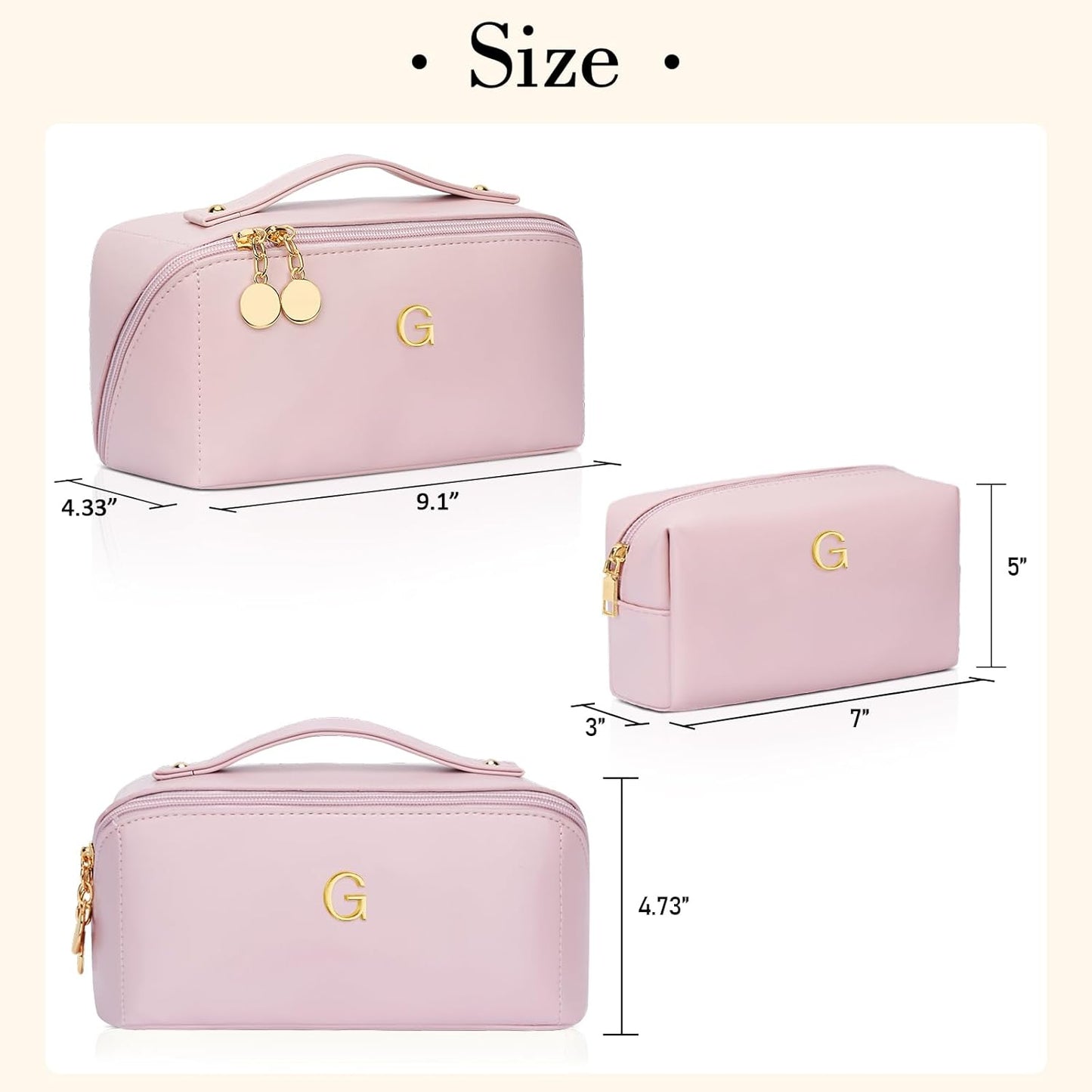 Birthday Gifts for Women Teen Girl, Personalized Initial Makeup Organizer Bag Set, Open Flat Travel Cosmetic Bag With Clear Divider and Handle(Pink,G)