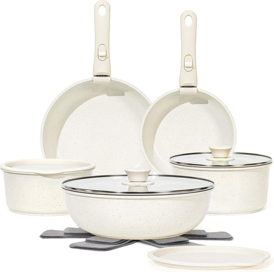 15Pcs Pots and Pans Set Non Stick, Cookware Sets with Detachable Handle, Nonstick RV Kitchen Cooking Tools Removable Handles, Oven Safe, Induction Fast, Stackable Induction Cookware, White