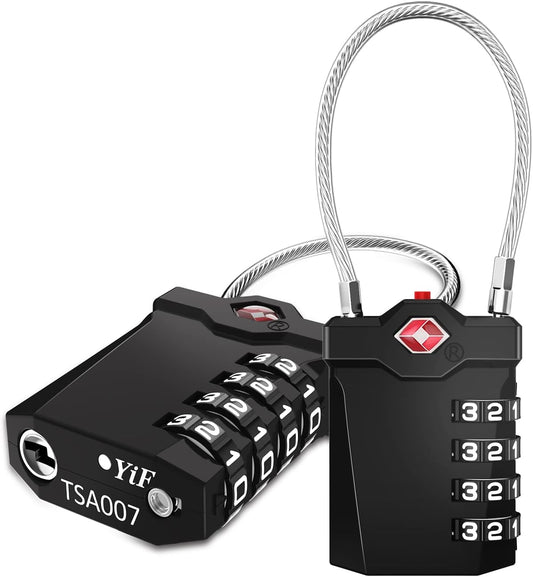 ZHEGE TSA Approved Locks for Luggage, Cable Locks with White Number, 4 Digit Combination Locks with Inspection Indicator for Suitcase, Backpack, Baggage, Code Padlocks for Locker (2 Pack, Black)