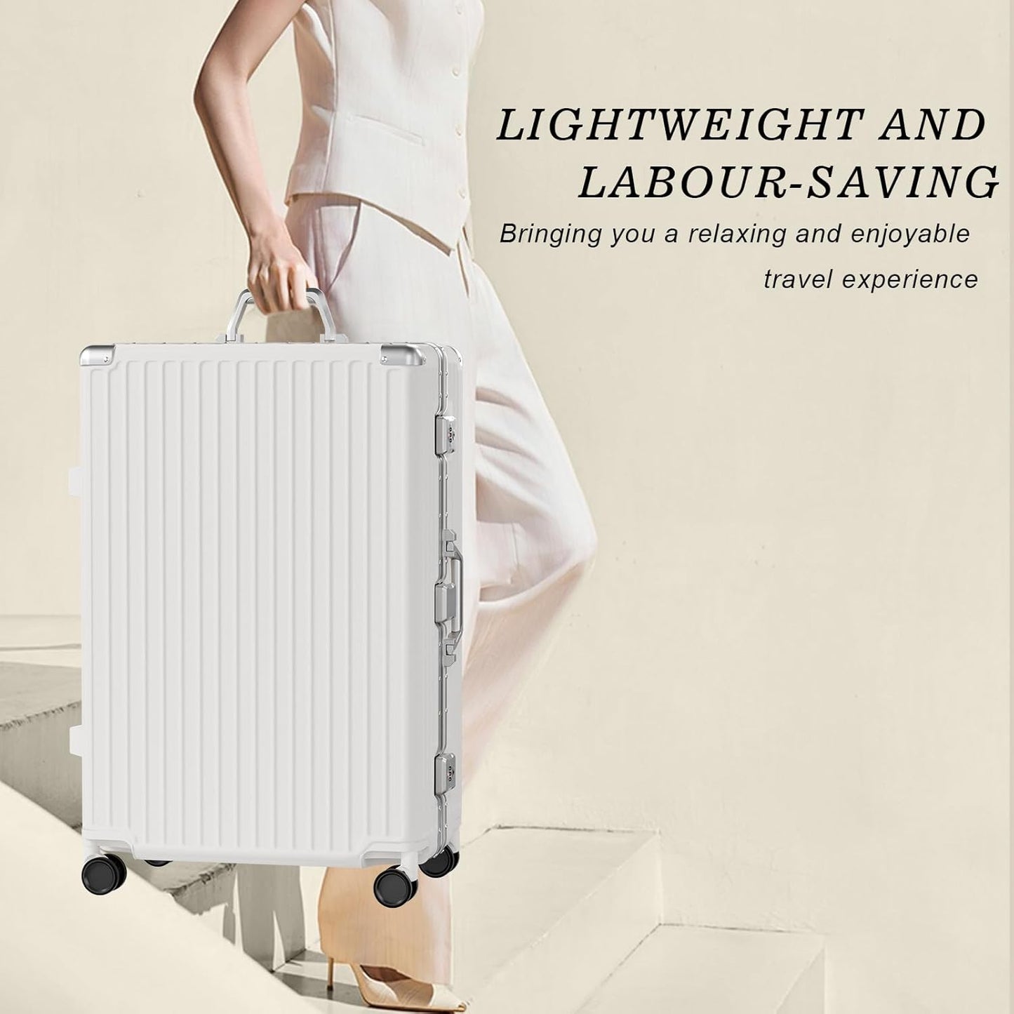 AnyZip Luggage Sets 2 Piece Aluminum Frame Carry On and Checked Suitcase PC ABS Hard Shell TSA Lock No Zipper(White, 20/28)