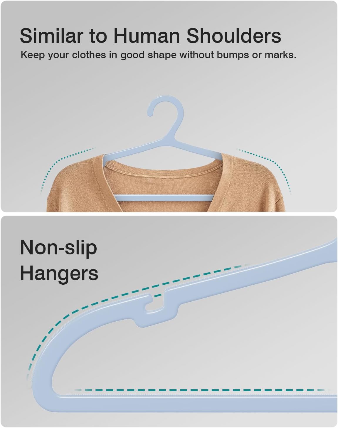 50 Pack Clothes Hangers, Non Slip Plastic Coat Hangers, Space Saving Hangers, Heavy Duty, Hanging Dry Wet Clothes, 16.4" x 8.3", Light Blue, UAPY0550L