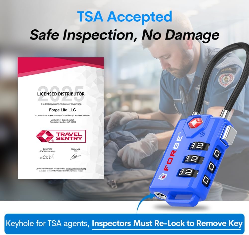 Bright Colors, TSA Approved Cable Luggage Locks 2 Pack Blue, Re-settable Combination with Alloy Body