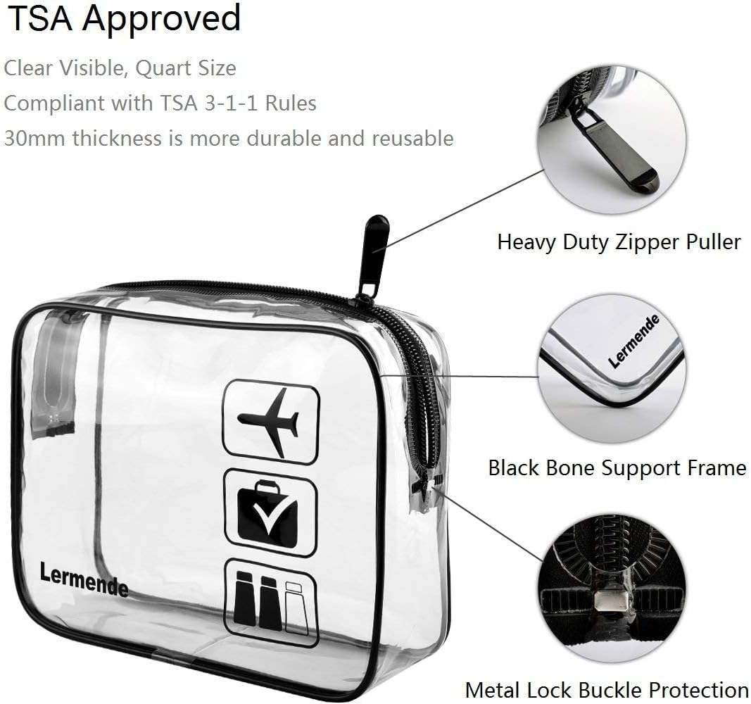 Lermende 2pcs Clear Toiletry Bag TSA Approved Travel Bag,Carry On for Travel,Airport Airline Accessories Compliant Bag,Quart Sized Makeup Cosmetic bag Women Men (Black, 5 Pack)