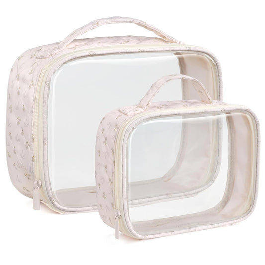 PACKISM Clear Makeup Bag - 2 Pack TSA Approved Toiletry Bag with Handle and 180° Large Opening, Sturdy Clear Toiletry Bag Fit Carry-on Travel Essential, Travel Bags for Toiletries, Pink Ditsy Floral