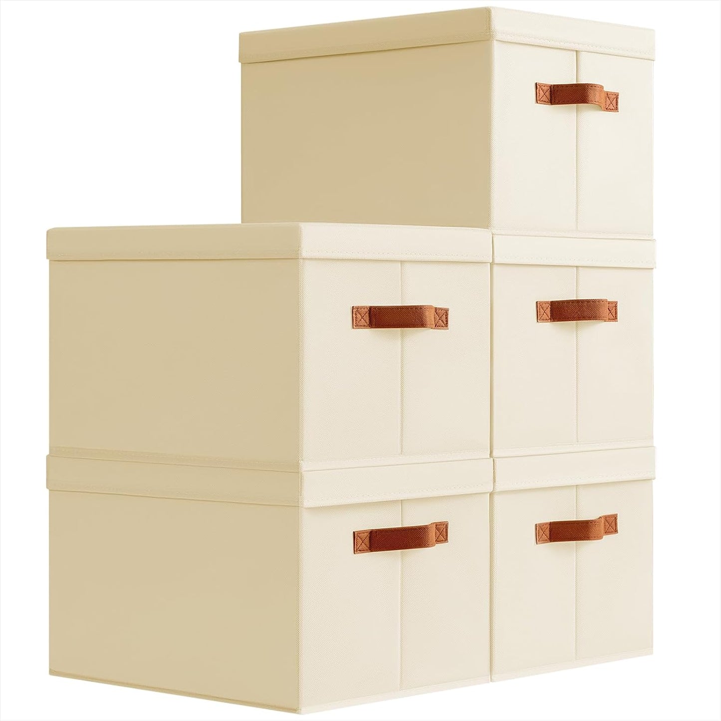 Storage Bins with Lids - Large Fabric Closet Bins with Lid, 5 Pack Clothes Organizers and Storage, Collapsible Stackable Cube Basket for Home, Office, Dorm, Beige