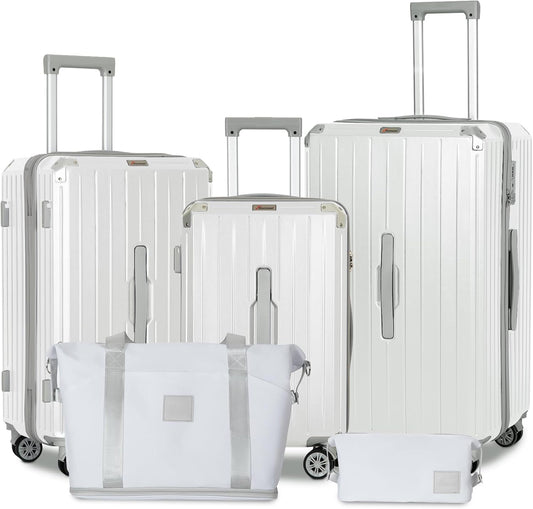 Romswi Suitcase Set with TSA Lock Cup Holder, Hardside Spinner Suitcase with Duffel Bag, Lightweight Durable PC+ABS White 5 PCS(20/24/28inch)