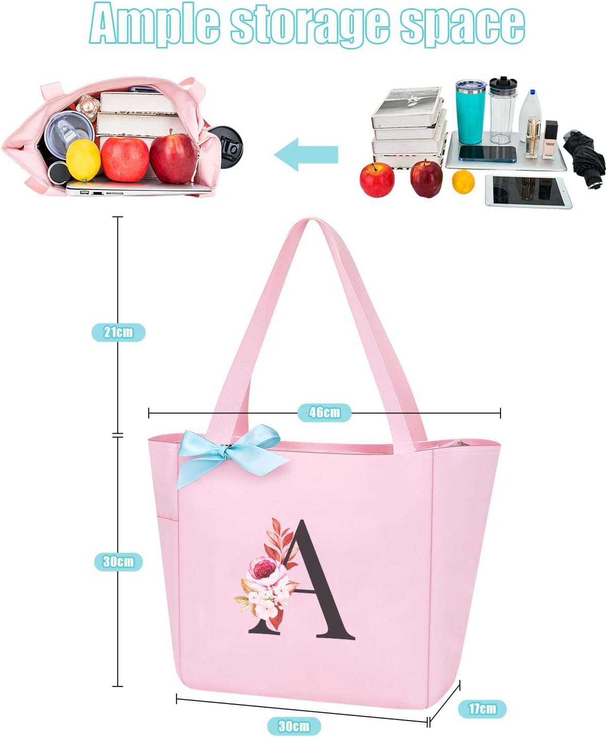 Vavabox Tote Bag, A-Z Initial Monogrammed Waterproof Tote Bag, Bridesmaid Gifts for Women, Black and Pink
