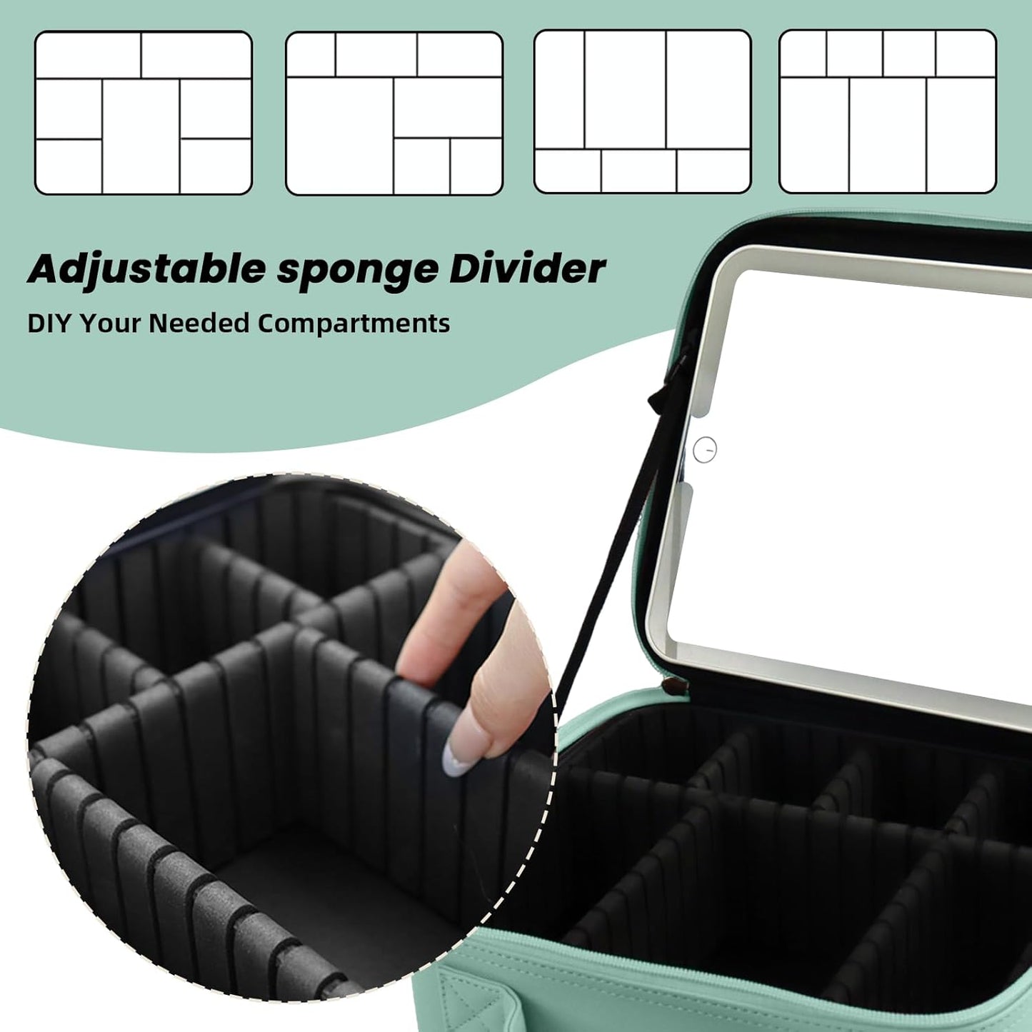 Travel Makeup Bag with LED Mirror and Light Makeup Travel Bag Organizer Portable Cosmetic Brush Organizer Bag with Adjustable Dividers for Cosmetics Makeup Brushes Toiletry (Light Green)