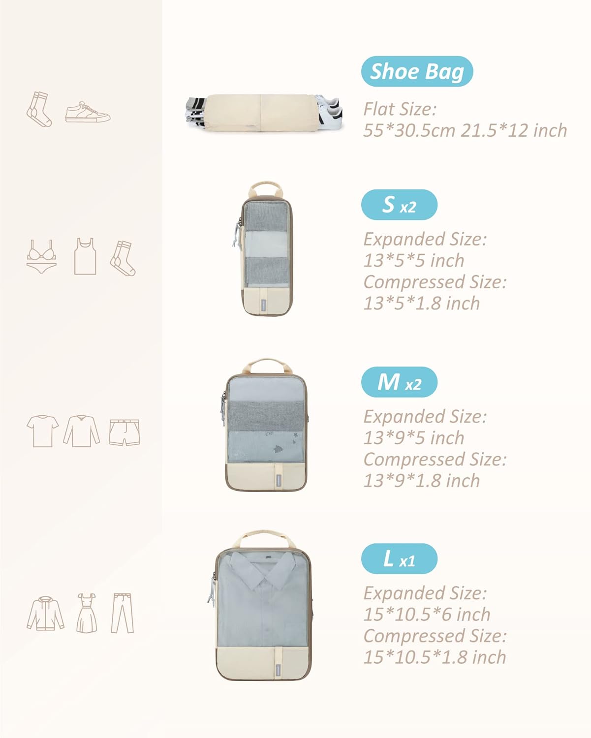 BAGSMART 6 Set Compression Packing Cubes - Lightweight Travel Essentials, Durable Luggage Organizer