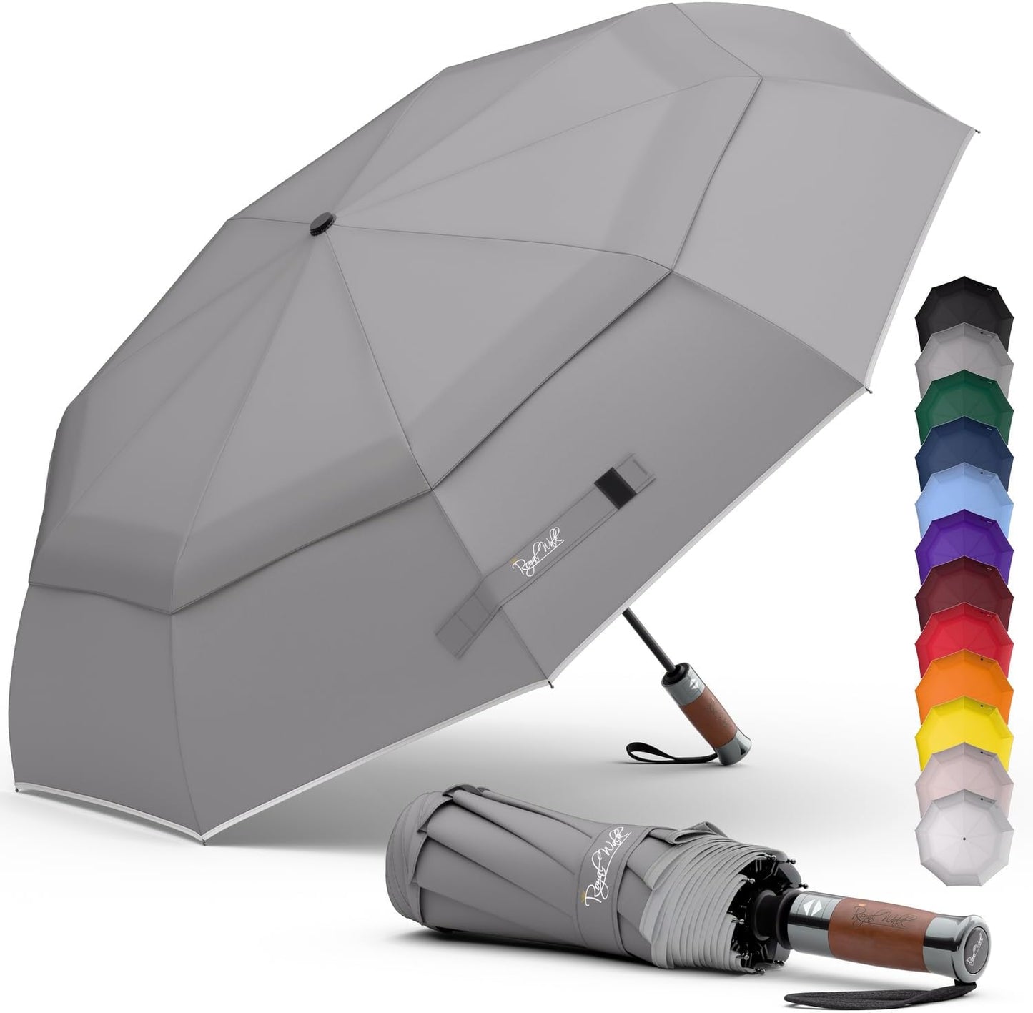 Royal Walk Windproof Folding Travel Umbrella Compact and Strong Luxurious Real Wood Handle Automatic Open Close Vented Double Canopy for Men and Women
